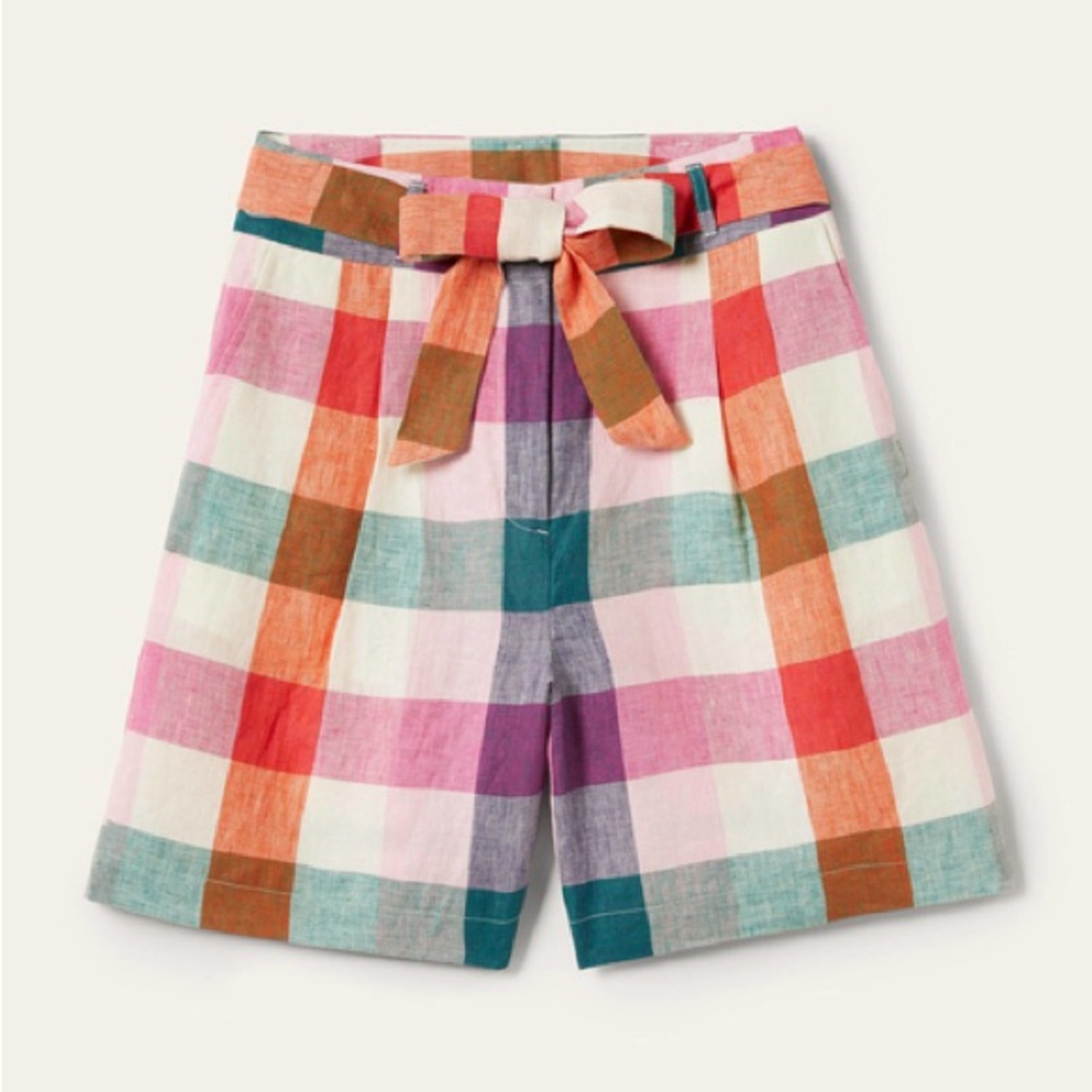 BODEN Alma Tie Waist Linen Shorts Bonbon Pink, Flambe Check. RARE Multicolor - Picture 2 of 12